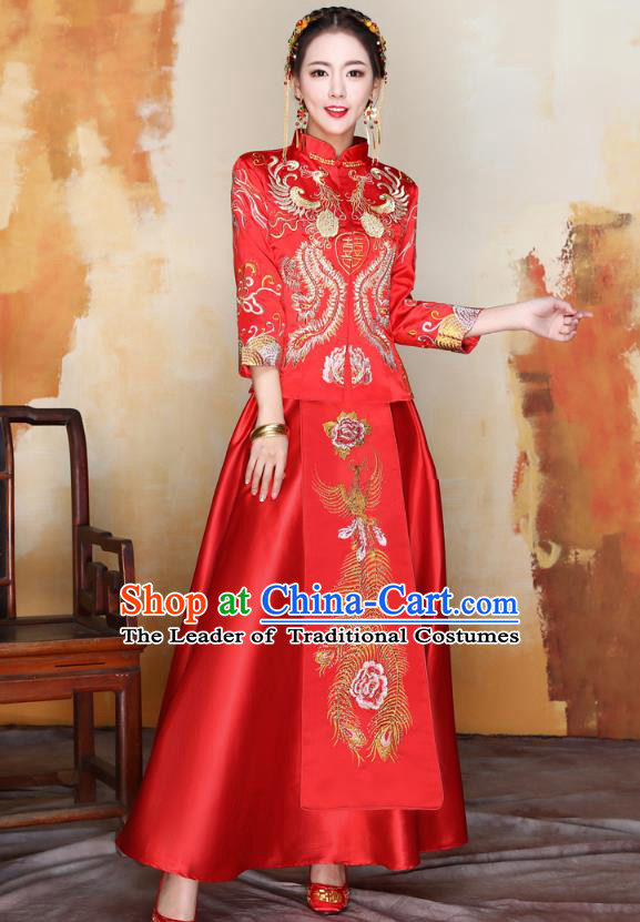 Traditional Ancient Chinese Wedding Costume Handmade XiuHe Suits Embroidery Phoenix Peony Bride Toast Cheongsam Dress, Chinese Style Hanfu Wedding Clothing for Women