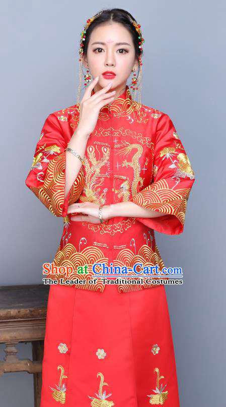 Traditional Ancient Chinese Wedding Costume Handmade XiuHe Suits Embroidery Longfeng Gown Bride Toast Seven Sleeve Cheongsam Dress, Chinese Style Hanfu Wedding Clothing for Women