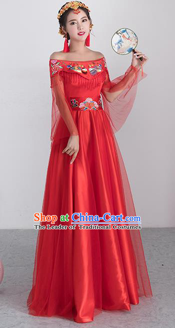 Traditional Ancient Chinese Wedding Costume Handmade XiuHe Suits Embroidery Peony Longfeng Gown Bride Toast Off Shoulder Cheongsam Dress, Chinese Style Hanfu Wedding Clothing for Women