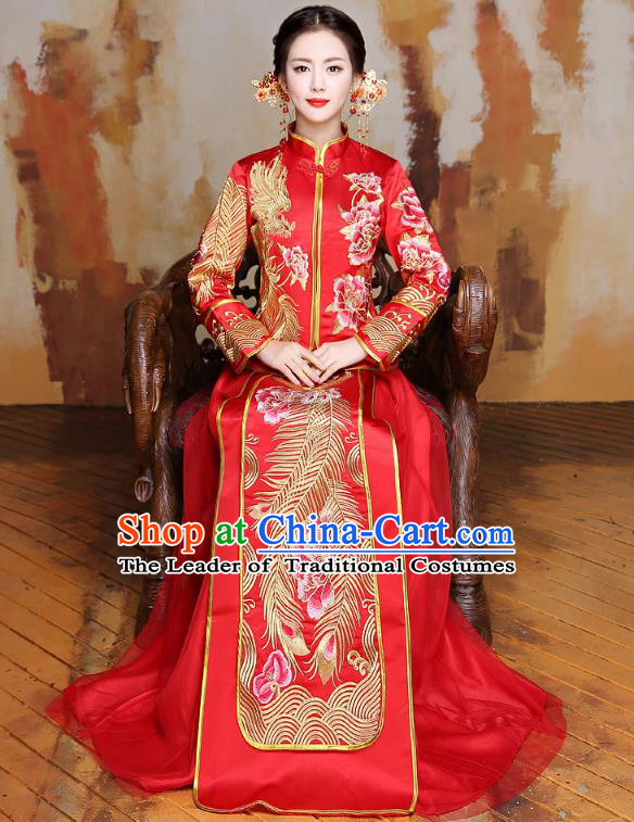 Traditional Ancient Chinese Wedding Costume Handmade XiuHe Suits Embroidery Peony Longfeng Gown Bride Toast Slim Cheongsam Dress, Chinese Style Hanfu Wedding Clothing for Women