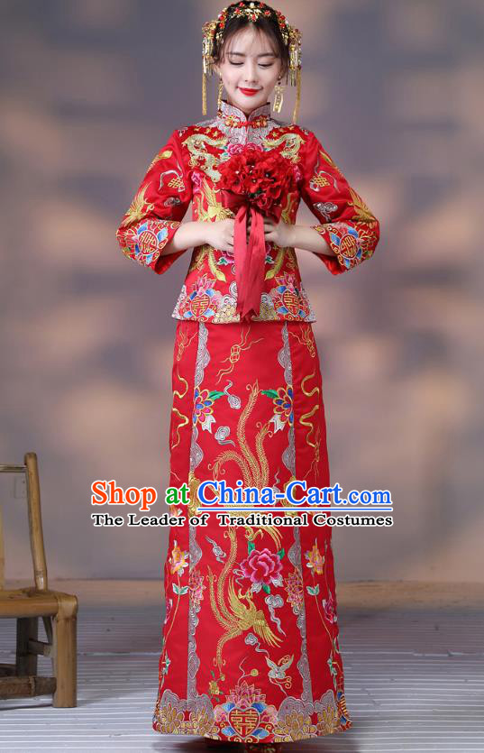 Traditional Ancient Chinese Wedding Costume Handmade XiuHe Suits Embroidery Phoenix Bride Toast Cheongsam Dress, Chinese Style Hanfu Wedding Clothing for Women