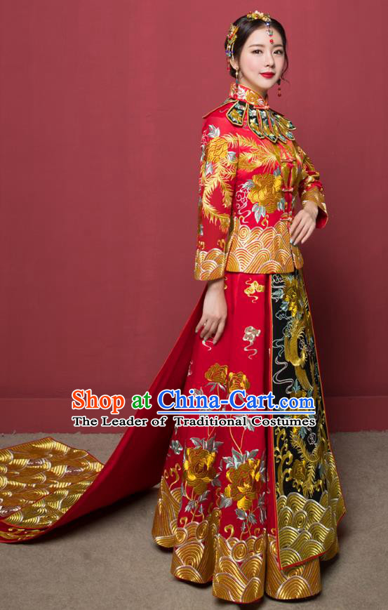 Traditional Ancient Chinese Wedding Costume Handmade XiuHe Suits Full Embroidery Phoenix Bride Toast Cheongsam Trailing Dress, Chinese Style Hanfu Wedding Clothing for Women