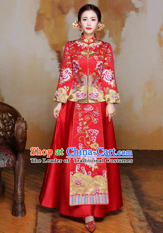 Traditional Ancient Chinese Wedding Costume Handmade XiuHe Suits Embroidery Peony Dress Bride Toast Cheongsam, Chinese Style Hanfu Wedding Clothing for Women