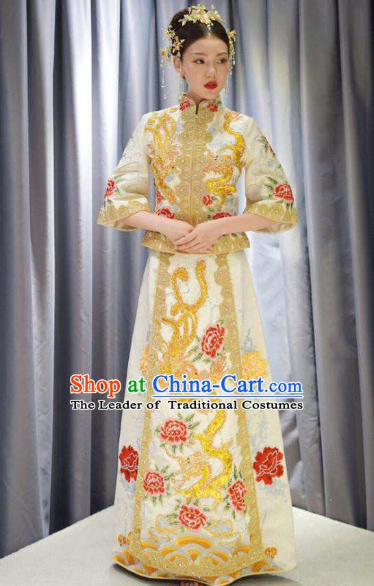Traditional Ancient Chinese Wedding Costume Handmade XiuHe Suits Embroidery Slim Dress Bride Toast White Cheongsam, Chinese Style Hanfu Wedding Clothing for Women