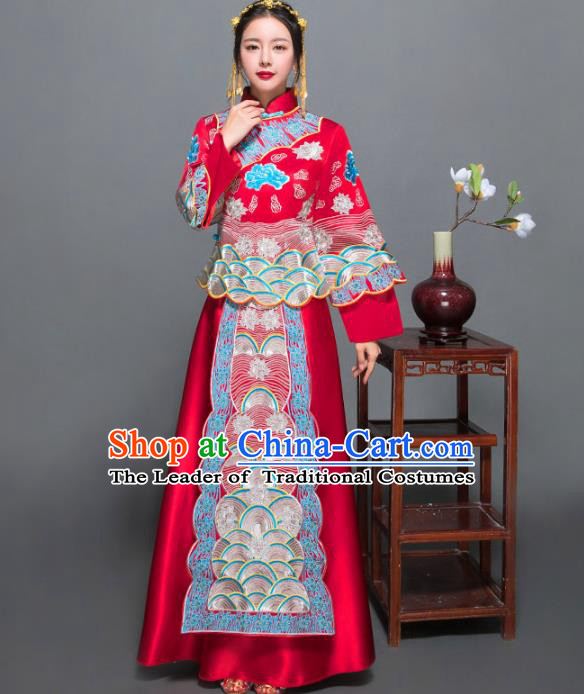 Traditional Ancient Chinese Wedding Costume Handmade XiuHe Suits Blue Embroidery Peony Dress Bride Toast Cheongsam, Chinese Style Hanfu Wedding Clothing for Women