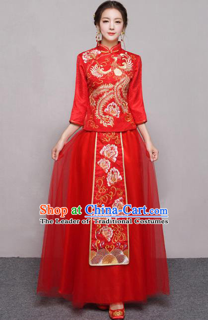 Traditional Ancient Chinese Wedding Costume Handmade Embroidery Peony Veil Xiuhe Suits, Chinese Style Wedding Dress Red Embroidery Dragon and Phoenix Flown Bride Toast Cheongsam for Women
