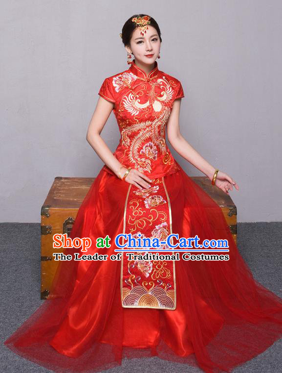 Traditional Ancient Chinese Wedding Costume Handmade Embroidery Peony Veil Short Sleeve Xiuhe Suits, Chinese Style Wedding Dress Red Embroidery Dragon and Phoenix Flown Bride Toast Cheongsam for Women