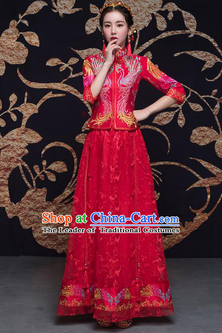 Traditional Ancient Chinese Wedding Costume Handmade Double-deck Embroidery Bottom Drawer Xiuhe Suits, Chinese Style Wedding Dress Red Dragon and Phoenix Flown Bride Toast Cheongsam for Women