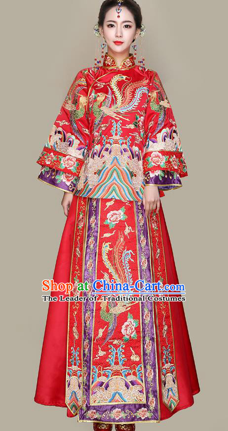 Traditional Ancient Chinese Wedding Costume Handmade Delicacy Embroidery Dress Xiuhe Suits, Chinese Style Wedding Dress Red Flown Bride Toast Cheongsam for Women