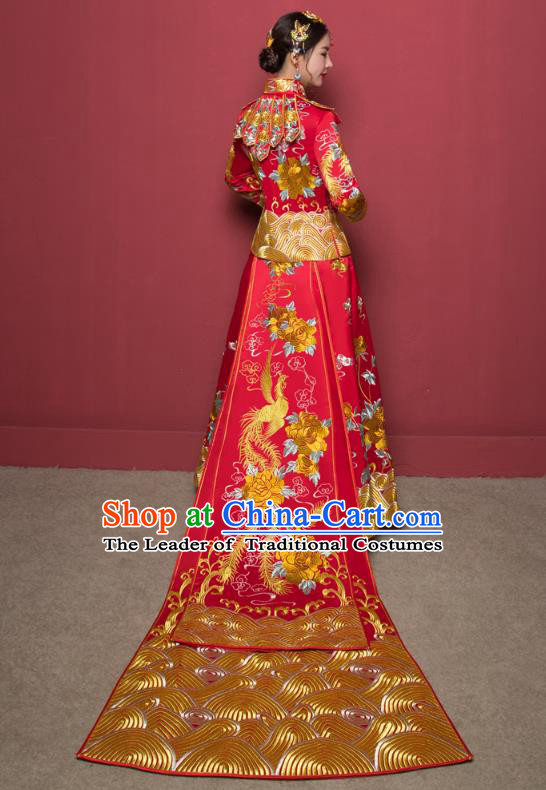 Traditional Ancient Chinese Wedding Costume Handmade Delicacy Full Embroidery Dragon and Phoenix XiuHe Suits, Chinese Style Trailing Wedding Dress Flown Bride Toast Cheongsam for Women
