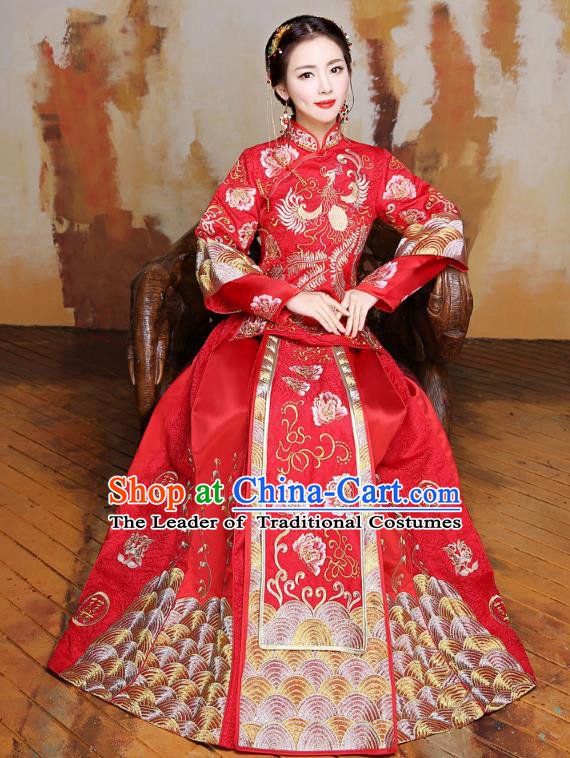 Traditional Ancient Chinese Wedding Costume Handmade Delicacy Full Embroidery Peony Phoenix XiuHe Suits, Chinese Style Wedding Dress Flown Bride Toast Cheongsam for Women