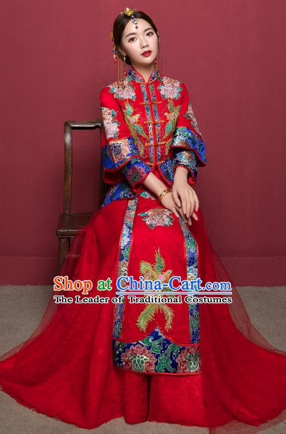 Traditional Ancient Chinese Wedding Costume Handmade Delicacy Embroidery Veil Longfeng Flown XiuHe Suits, Chinese Style Hanfu Wedding Dress Bride Toast Cheongsam for Women