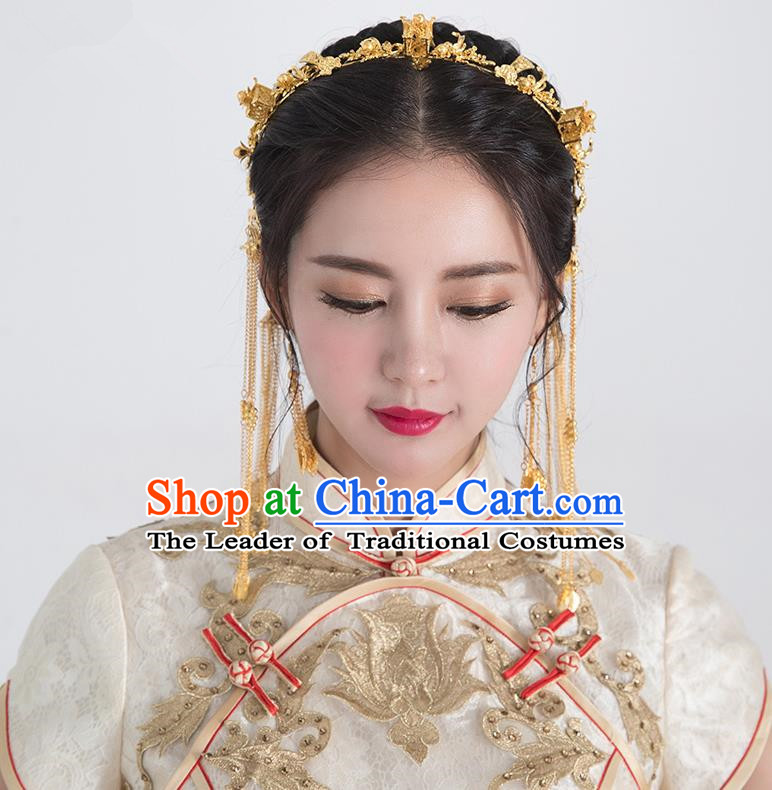 Traditional Handmade Chinese Ancient Classical Hair Accessories Phoenix Coronet Bride Wedding Barrettes Hair Clasp, Xiuhe Suit Hair Jewellery Hair Fascinators Hairpins for Women
