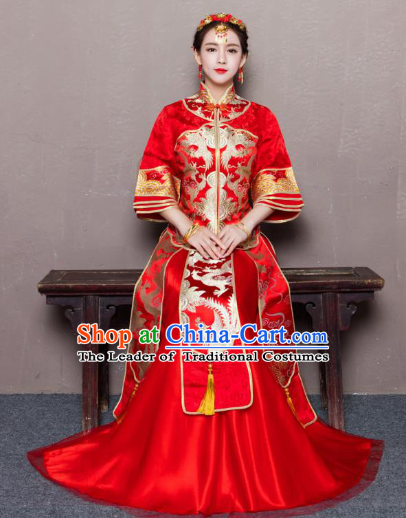 Traditional Ancient Chinese Wedding Costume Handmade Delicacy Embroidery Phoenix Dress Xiuhe Suits, Chinese Style Wedding Flown Bride Toast Cheongsam for Women