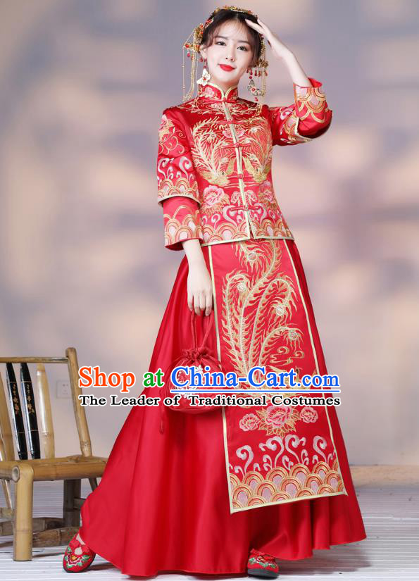 Traditional Ancient Chinese Wedding Costume Handmade Delicacy Embroidery Phoenix Slim Longfeng Flown XiuHe Suits, Chinese Style Hanfu Wedding Dress Bride Toast Cheongsam for Women