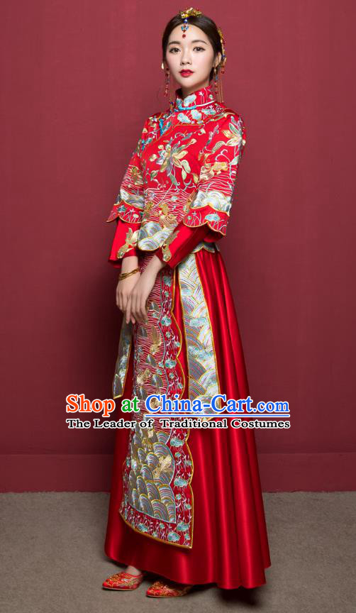 Traditional Ancient Chinese Wedding Costume Handmade Delicacy Embroidery Phoenix Slim Flown XiuHe Suits, Chinese Style Hanfu Wedding Dress Bride Toast Cheongsam for Women