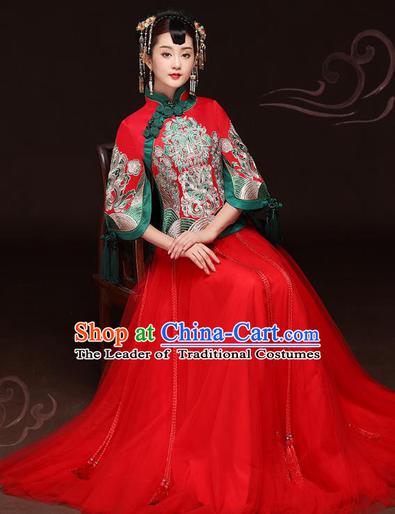 Traditional Ancient Chinese Wedding Costume Handmade Delicacy Embroidery Phoenix XiuHe Suits Red Veil Dress, Chinese Style Hanfu Wedding Bride Toast Cheongsam for Women