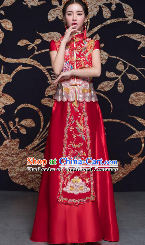 Traditional Ancient Chinese Wedding Costume Handmade Delicacy Embroidery Phoenix XiuHe Suits Short Sleeve Plated Buttons Dress, Chinese Style Hanfu Wedding Bride Toast Cheongsam for Women