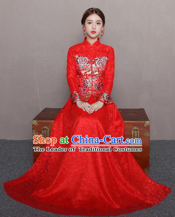 Traditional Ancient Chinese Wedding Costume Handmade Delicacy Embroidery Phoenix XiuHe Suits Slim Red Lace Dress, Chinese Style Hanfu Wedding Bride Toast Cheongsam for Women