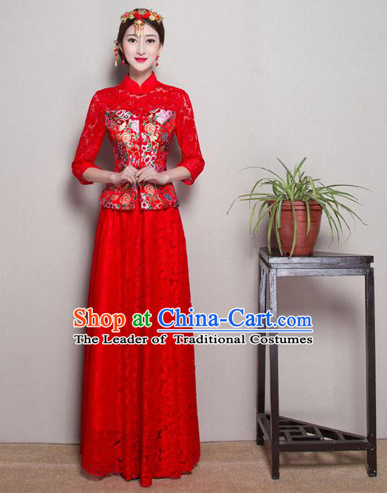 Traditional Ancient Chinese Wedding Costume Handmade Delicacy Embroidery Phoenix XiuHe Suits Slim Middle Sleeve Red Lace Dress, Chinese Style Hanfu Wedding Bride Toast Cheongsam for Women