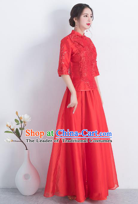 Traditional Ancient Chinese Wedding Costume Handmade Delicacy Embroidery Xiuhe Suits, Chinese Style Wedding Dress Flown Bride Toast Cheongsam for Women