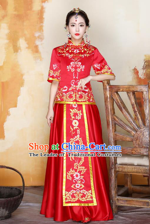 Traditional Ancient Chinese Wedding Costume Handmade Delicacy Embroidery Peony Bride XiuHe Suits, Chinese Style Hanfu Wedding Toast Cheongsam for Women