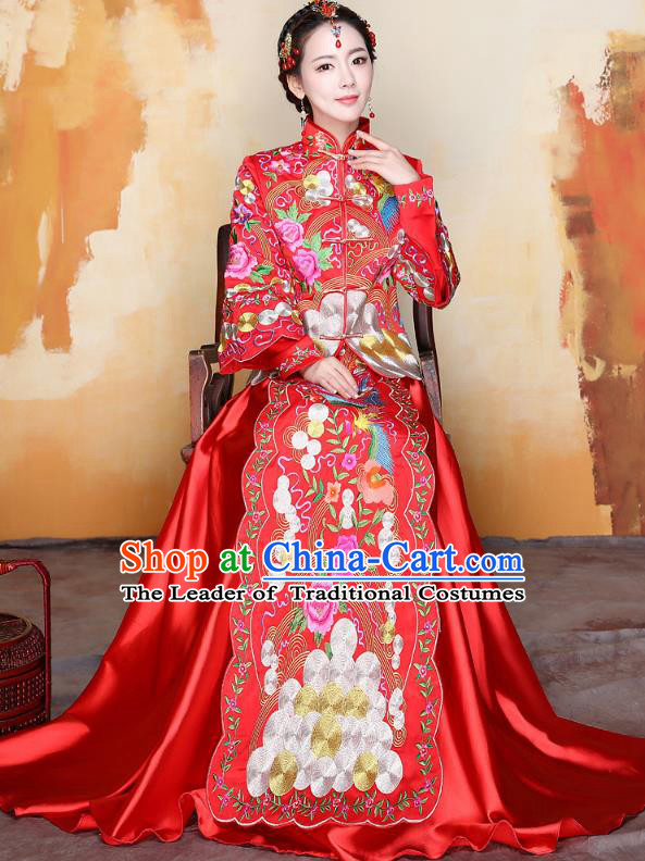 Traditional Ancient Chinese Wedding Costume Handmade Delicacy Embroidery Phoenix Peony Red Trailing XiuHe Suits, Chinese Style Hanfu Wedding Bride Toast Cheongsam for Women