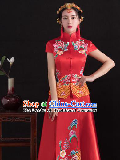 Traditional Ancient Chinese Wedding Costume Handmade Delicacy Full Embroidery Peony Short Sleeve XiuHe Suits, Chinese Style Hanfu Wedding Bride Toast Cheongsam for Women