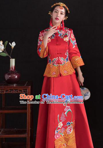 Traditional Ancient Chinese Wedding Costume Handmade Delicacy Full Embroidery Peony Middle Sleeve XiuHe Suits, Chinese Style Hanfu Wedding Bride Toast Cheongsam for Women