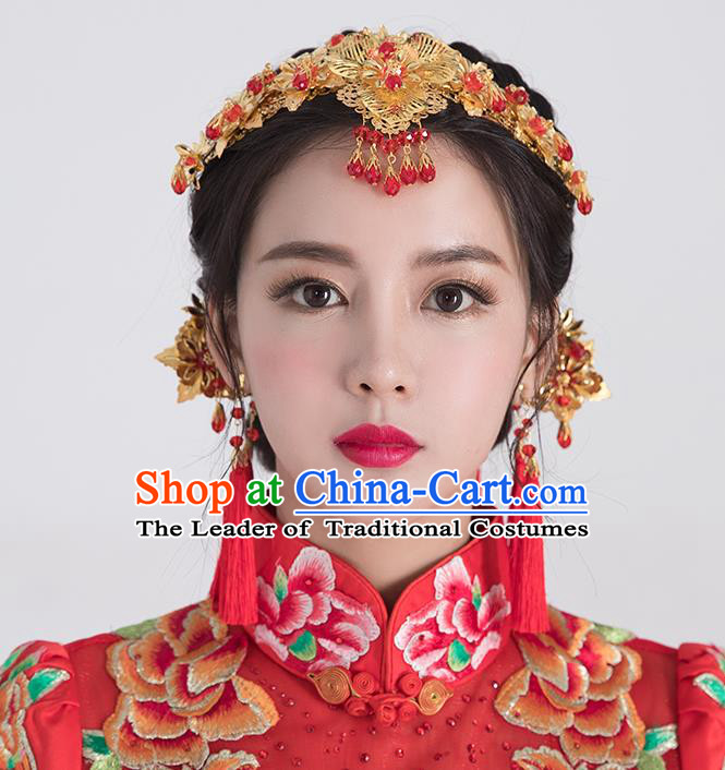 Traditional Handmade Chinese Ancient Classical Hair Accessories Complete Set Bride Wedding Red Beads Tassel Hair Clasp, Xiuhe Suit Hair Jewellery Hair Fascinators Hairpins for Women