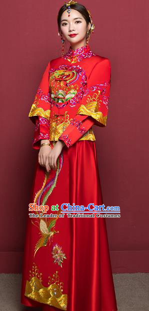 Traditional Ancient Chinese Wedding Costume Handmade Delicacy Embroidery Colorful Phoenix XiuHe Suits, Chinese Style Hanfu Wedding Bride Toast Cheongsam for Women
