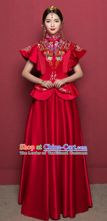 Traditional Ancient Chinese Wedding Costume Handmade Delicacy Embroidery Ruffle Sleeve XiuHe Suits, Chinese Style Hanfu Wedding Bride Toast Cheongsam for Women