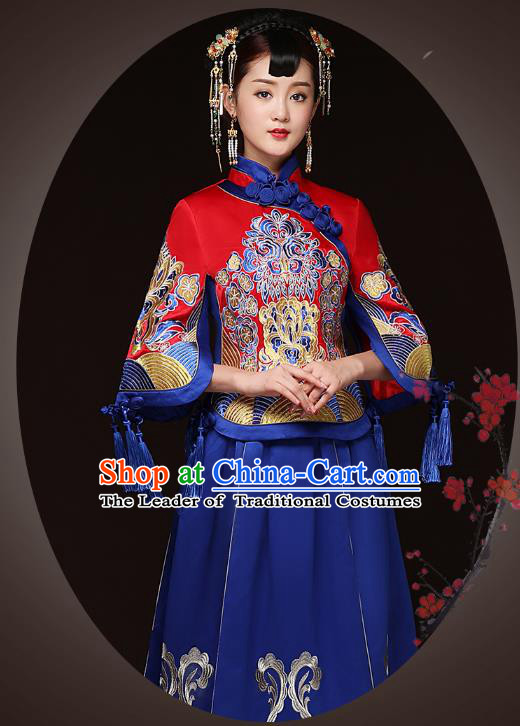 Traditional Ancient Chinese Wedding Costume Handmade Delicacy Embroidery XiuHe Suits Blue Bottom Drawer, Chinese Style Hanfu Wedding Bride Toast Cheongsam for Women