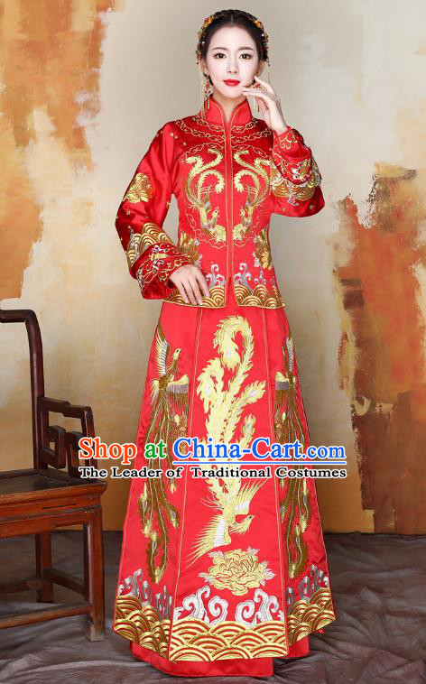 Traditional Ancient Chinese Wedding Costume Handmade Delicacy XiuHe Suits Embroidery Phoenix Cheongsam Palace Bottom Drawer, Chinese Style Hanfu Wedding Bride Hanfu Clothing for Women