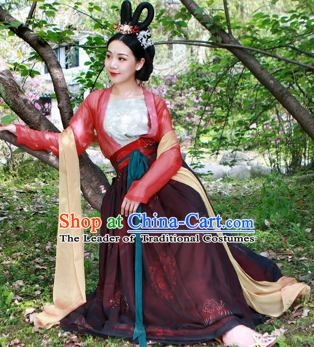 Traditional Ancient Chinese Tang Dynasty Palace Lady Costume Complete Set, Elegant Hanfu Clothing Chinese Imperial Princess Slip Dress Clothing for Women