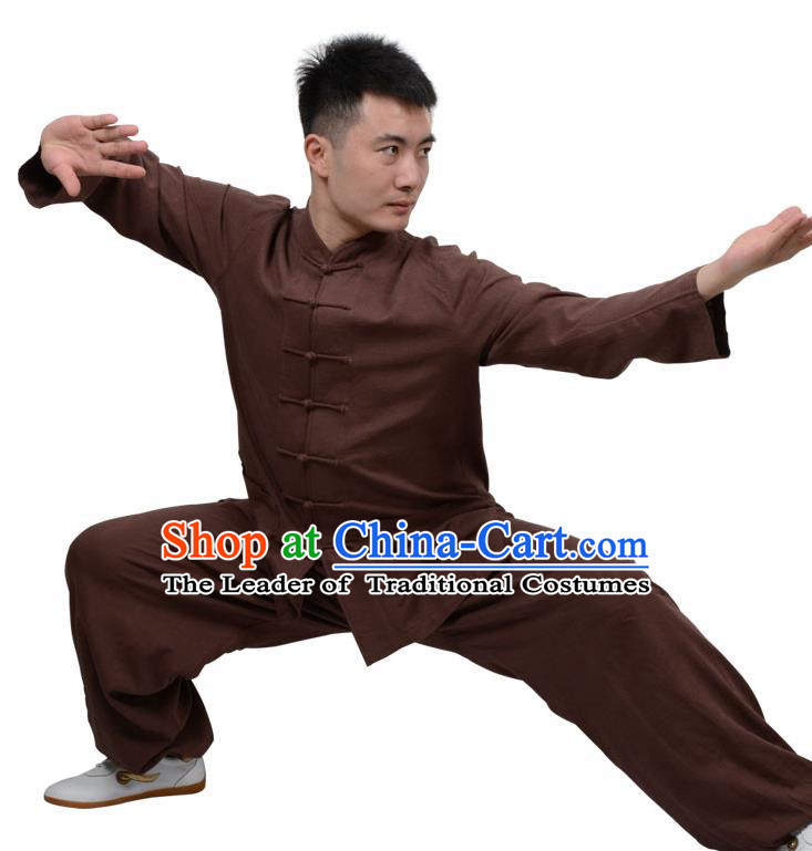 Top Kung Fu Linen Costume Martial Arts Costume Kung Fu Training Clothing, Tai Ji Plated Buttons Coffee Uniform Gongfu Wushu Clothing for Women for Men