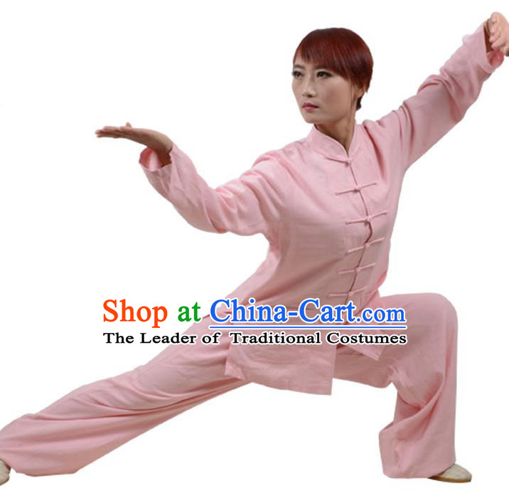 Top Kung Fu Linen Costume Martial Arts Costume Kung Fu Training Clothing, Tai Ji Plated Buttons Pink Uniform Gongfu Wushu Clothing for Women for Men