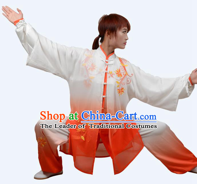Top Grade Martial Arts Costume Kung Fu Training Clothing, Tai Ji Embroidery Orange Uniform Gongfu Wushu Costume  for Women for Men