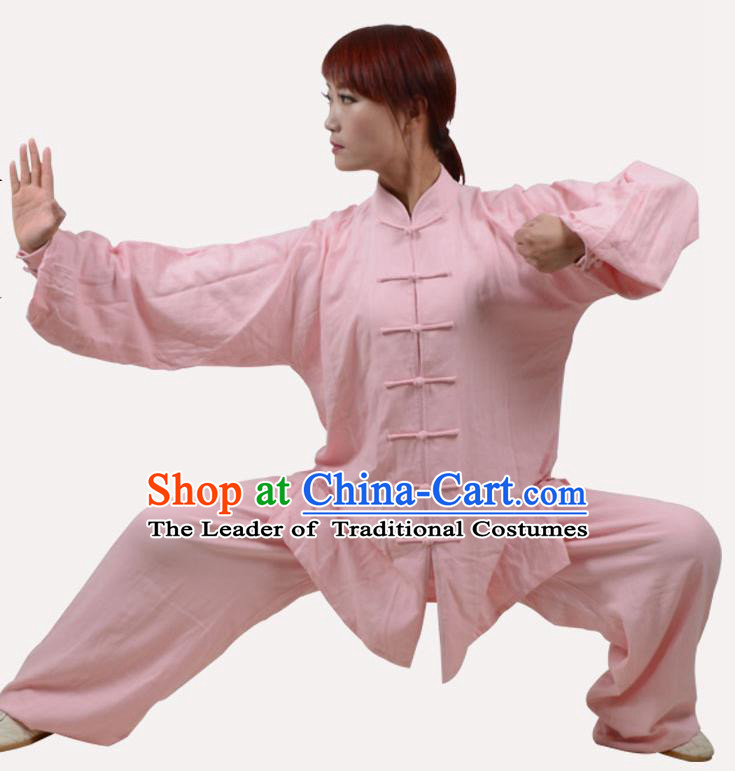 Top Grade Linen Martial Arts Costume Kung Fu Training Clothing, Tai Ji Embroidery Pink Uniform Gongfu Wushu Costume  for Women for Men