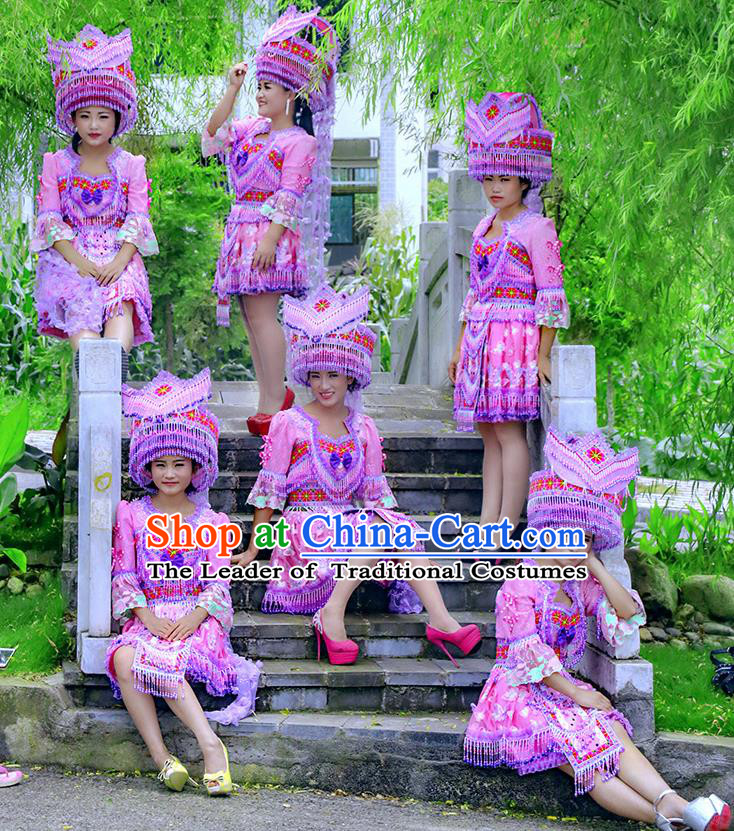 Traditional Chinese Miao Nationality Dancing Costume Hmong Female Folk Dance Ethnic Pleated Skirt Chinese Minority Nationality Embroidery Costume for Women