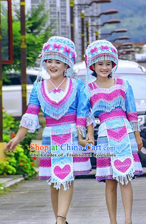 Traditional Chinese Miao Nationality Costume and Hat, Hmong Folk Dance Ethnic Blue Pleated Skirt, Chinese Minority Nationality Embroidery Clothing and Headwear for Women