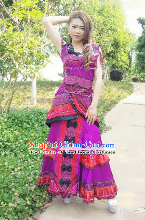 Traditional Chinese Miao Nationality Costume and Headwear, Hmong Folk Dance Ethnic Long Purple Dress, Chinese Minority Nationality Embroidery Clothing for Women