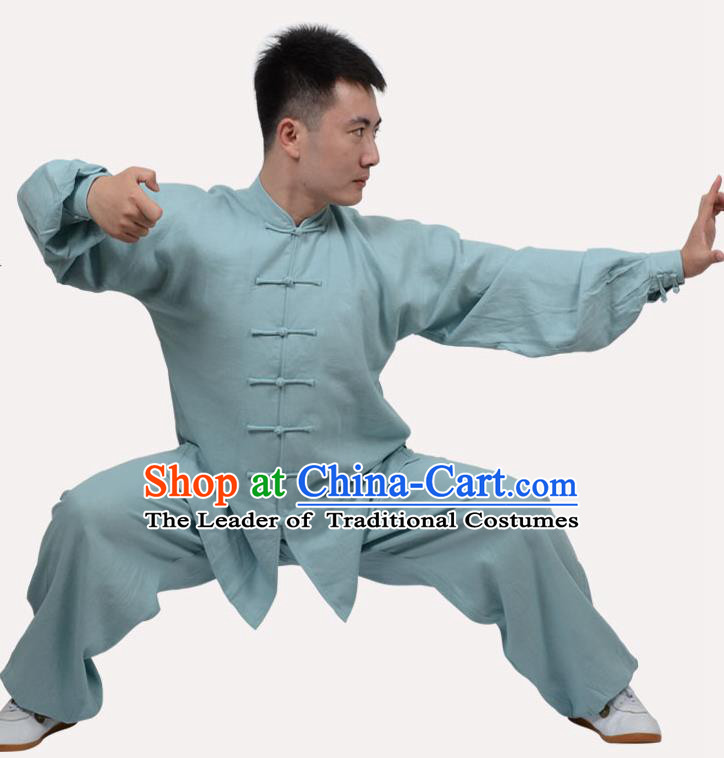 Top Grade Linen Martial Arts Costume Kung Fu Training Clothing, Tai Ji Light Blue Uniform Gongfu Wushu Costume for Women for Men