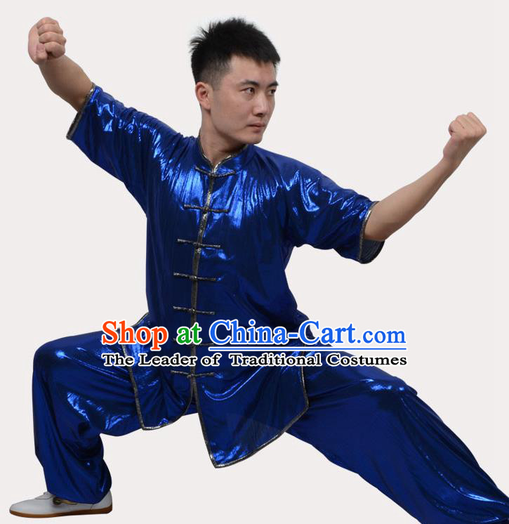 Top Grade Linen Martial Arts Costume Kung Fu Training Plated Buttons Clothing, Tai Ji Southern Fist Blue Uniform Gongfu Wushu Costume for Women for Men