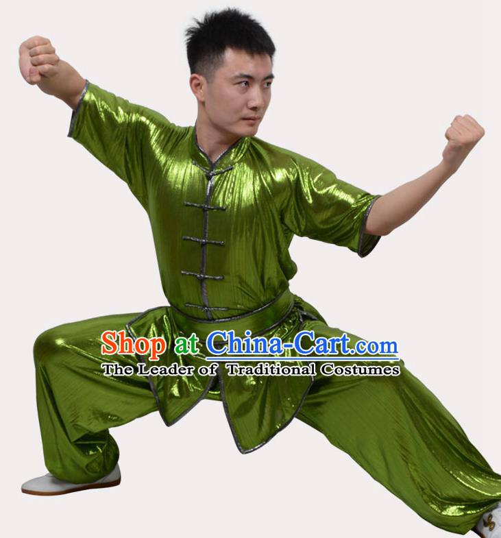 Top Grade Linen Martial Arts Costume Kung Fu Training Plated Buttons Clothing, Tai Ji Southern Fist Green Uniform Gongfu Wushu Costume for Women for Men
