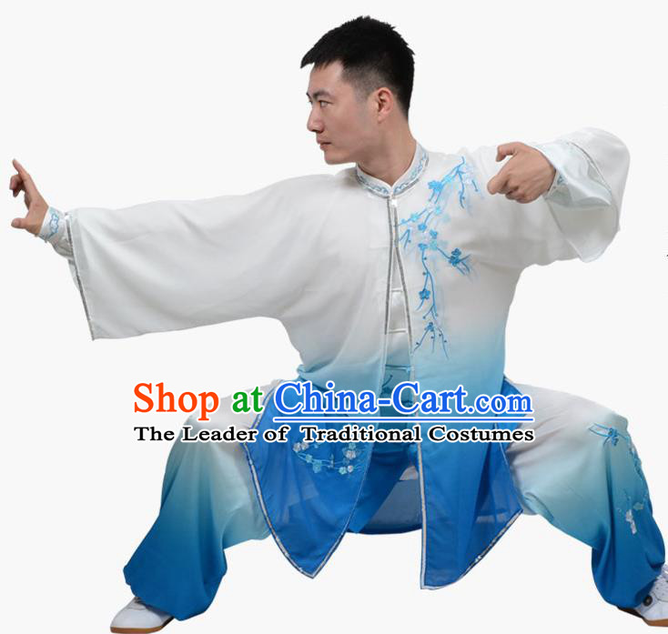 Top Grade Linen Martial Arts Costume Kung Fu Training Embroidered Plum Blossom Clothing, Tai Ji Southern Fist Blue Three-piece Uniform Gongfu Wushu Costume for Women for Men