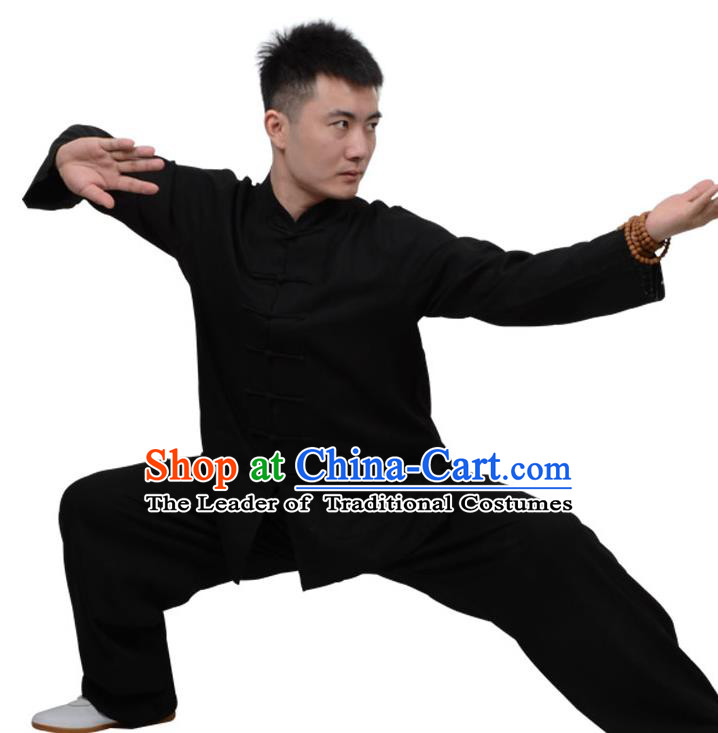 Top Kung Fu Linen Costume Martial Arts Costume Kung Fu Training Clothing, Tai Ji Plated Buttons Black Uniform Gongfu Wushu Clothing for Women for Men