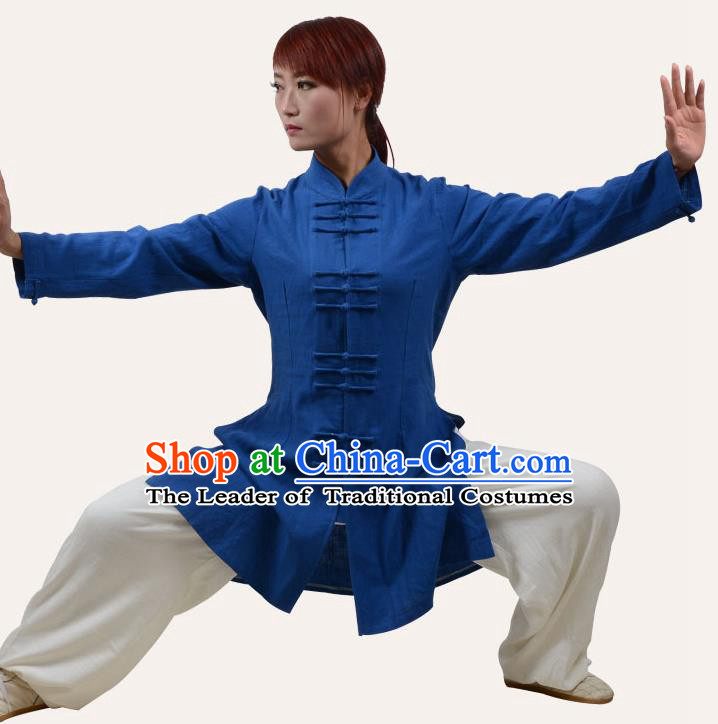 Top Grade Linen Martial Arts Costume Kung Fu Training Plated Buttons Clothing, Tai Ji Blue Uniform Gongfu Wushu Costume for Women for Men