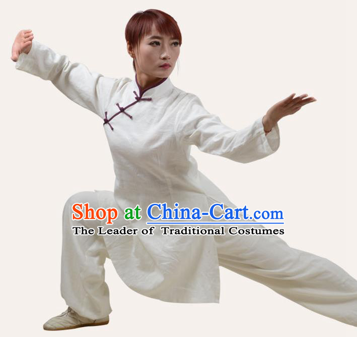 Top Grade Linen Martial Arts Costume Kung Fu Training Slant Opening Plated Buttons Clothing, Tai Ji White Uniform Gongfu Wushu Costume for Women for Men