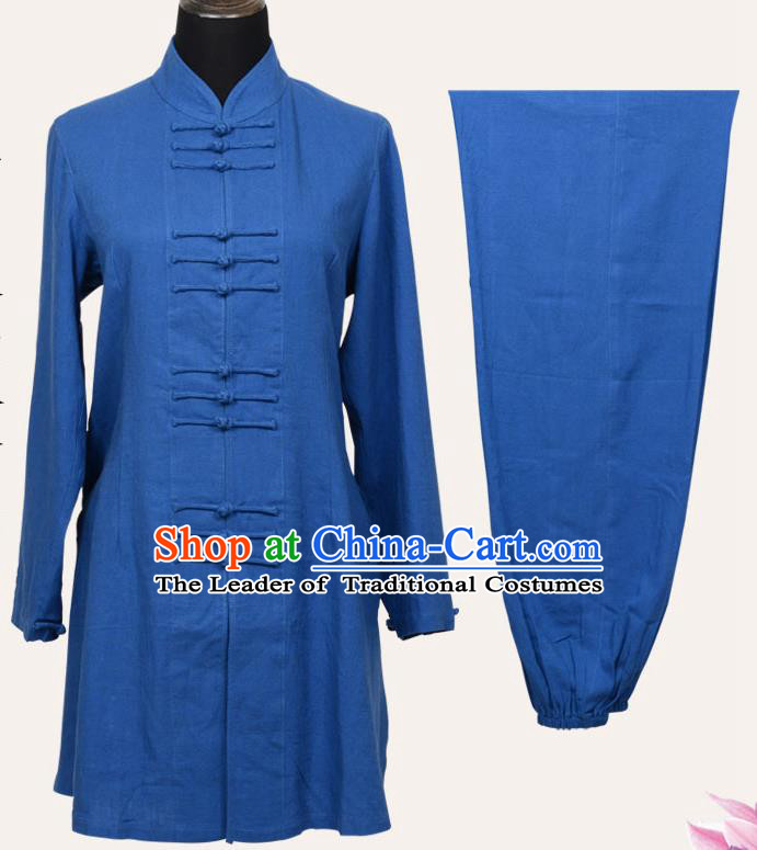 Top Grade Linen Martial Arts Costume Kung Fu Training Front Opening Plated Buttons Clothing, Tai Ji Blue Uniform Gongfu Wushu Costume for Women for Men